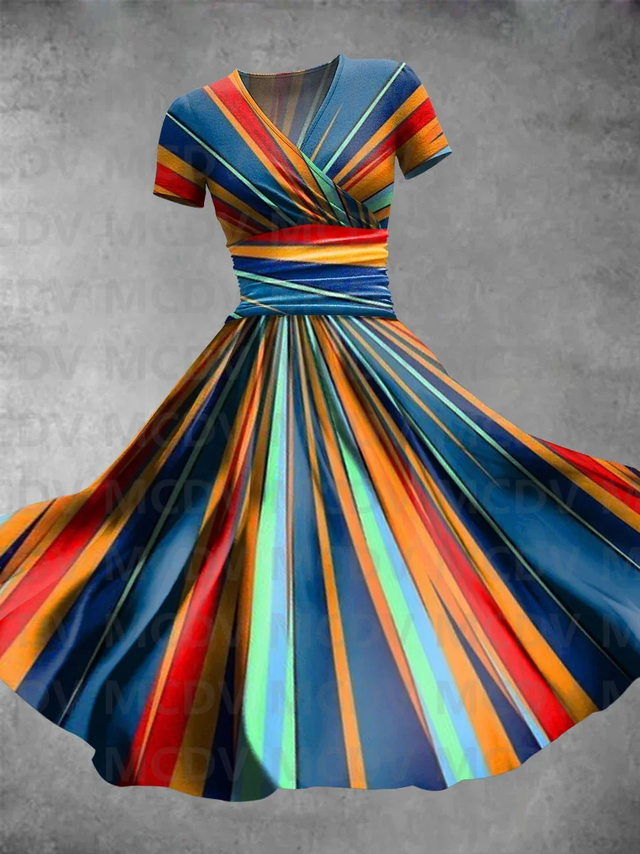 

Women's Rainbow Aurora Print Dress 3D Printed Sexy V-neck Dress Female Dresses