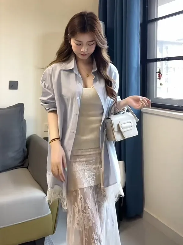 

Синяя женская рубашка с кружевным подолом и длинными рукавами, весенне-летняя, средней длины, с защитой от солнца, в интеллектуальном академическом стиле