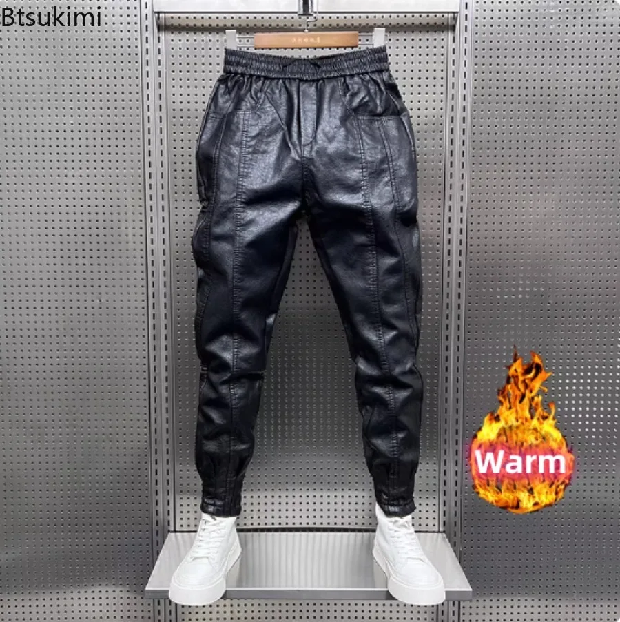Trendy Motorcycle Leather Pants Men's Hip Hop Loose Trousers Outdoor Jogger Sweatpants Thickened Warm Casual Pu Leather Trousers