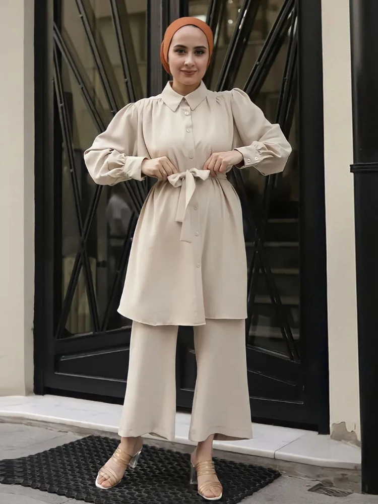 Women Eid Muslim Sets Dubai Arab Kaftan Two Pieces Single Breasted Button Blouses Wide Leg Pants Musulman Ensemble Solid Belt