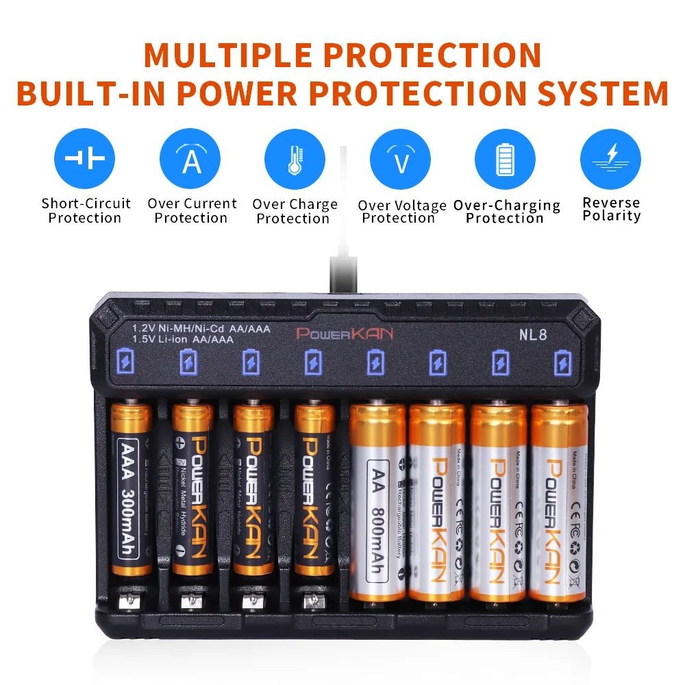 Powerkan NL8 Charger Combo Set for Family Use Lager Capacity 8 Slot Including 8pcs Rechargeable NIMH Battery AA and AAA