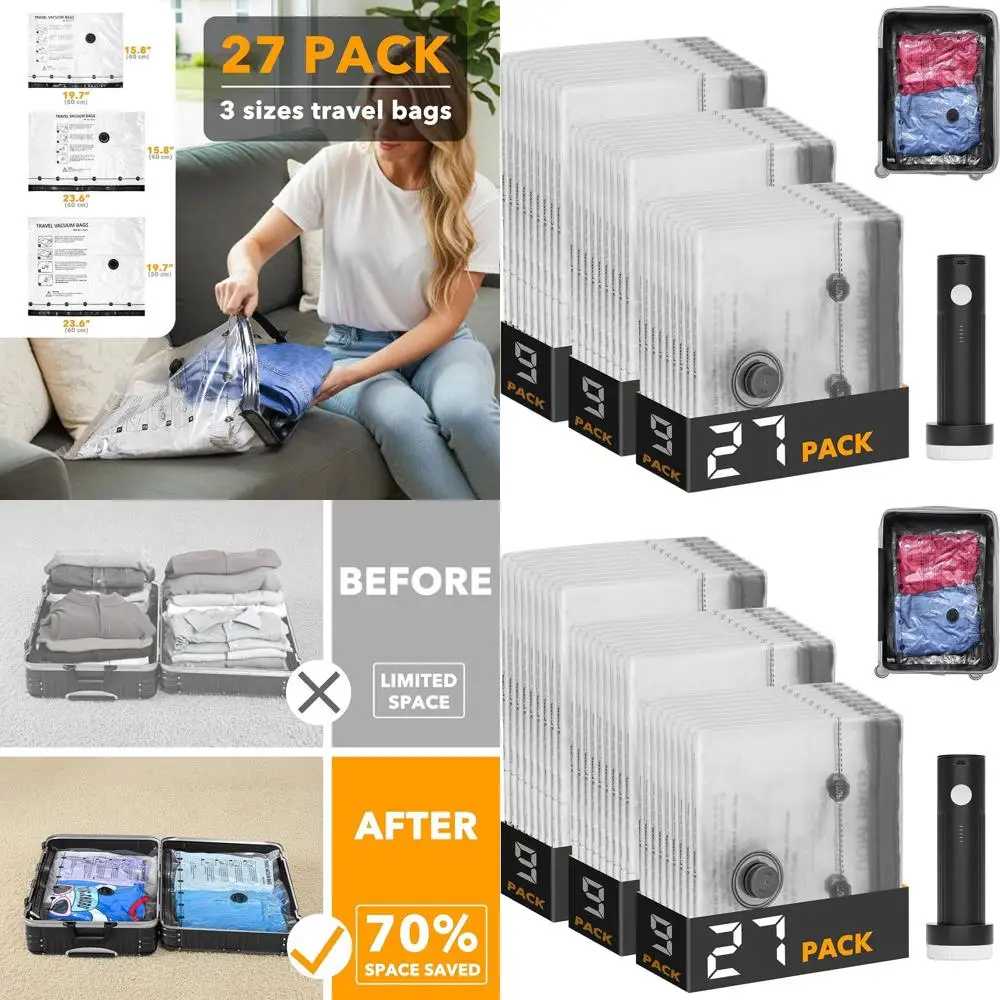 

27-Piece Electric Pump Travel Vacuum Bags Set for Clothing, Space-Saving Compression for Luggage
