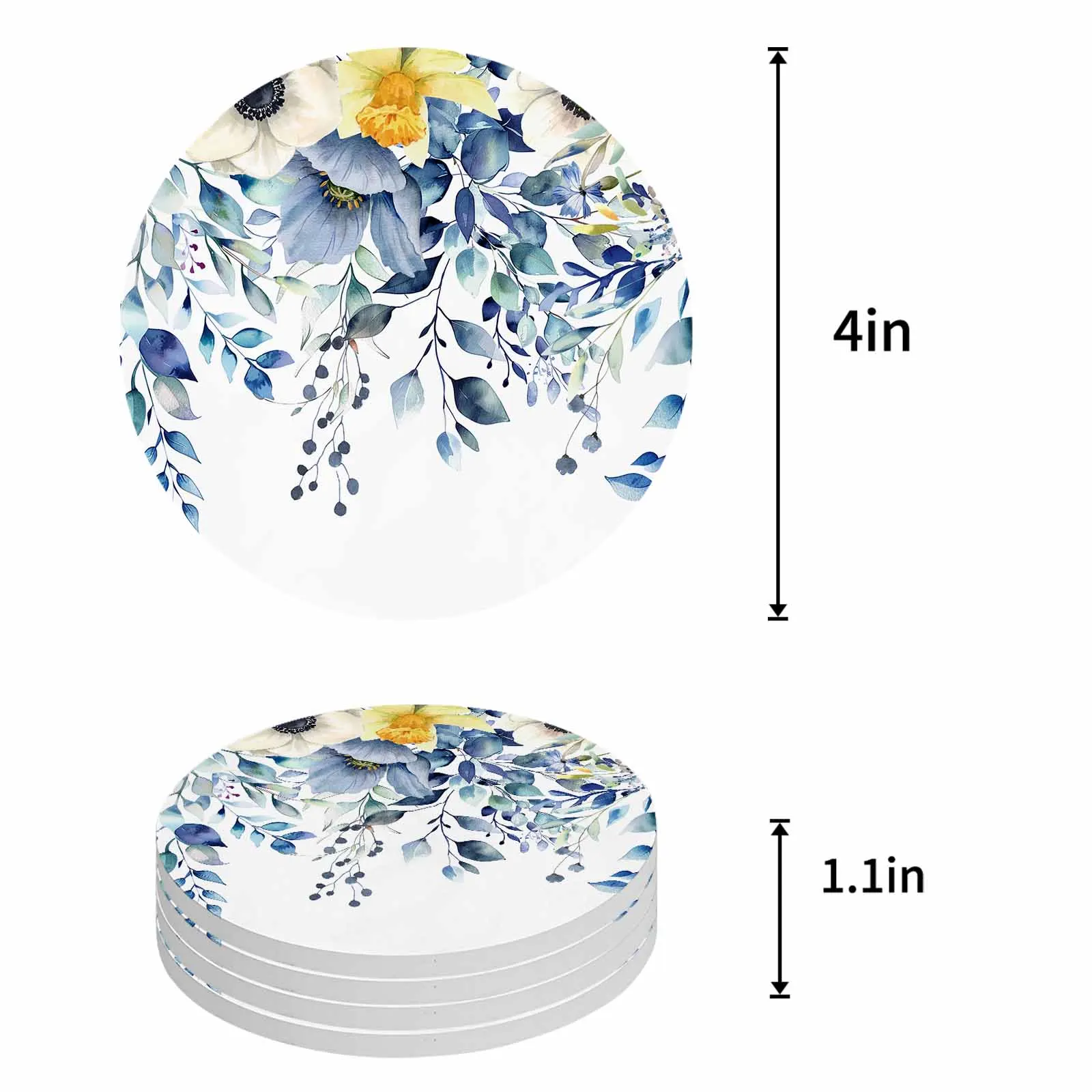 Wildflowers Flowers Blue Leaves Ceramic Coaster Set Kitchen Table Round Placemat Luxury Decor Coffee Tea Cup Coasters