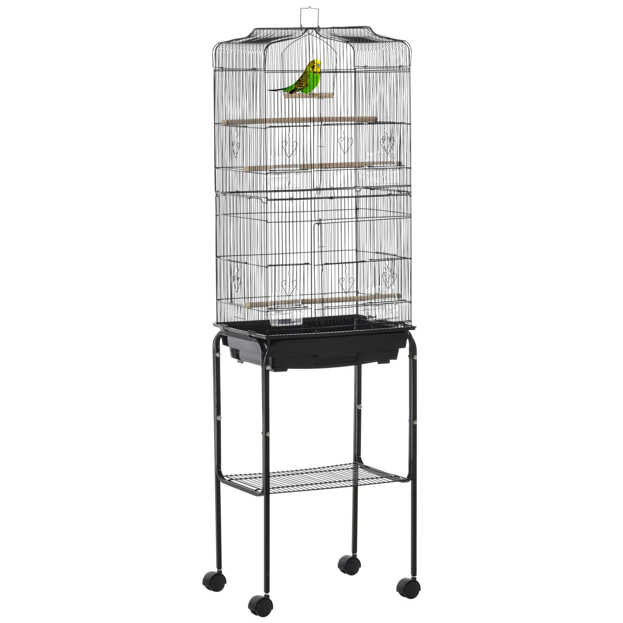 PawHut Jaula para Pájaros con Soporte 4 Ruedas y Comederos 46,5x36x157 cm Negro