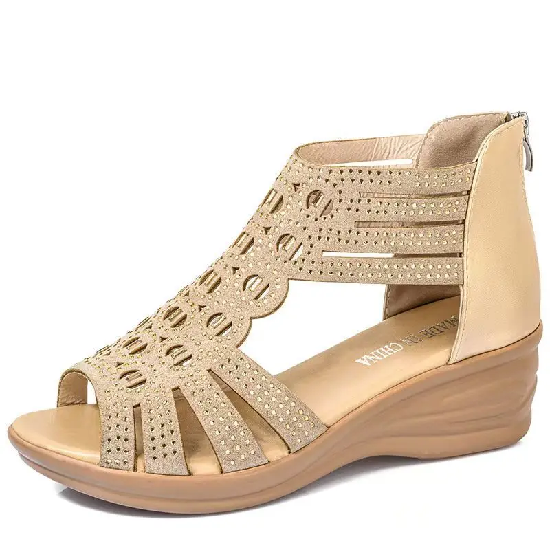 

Women's Leather Hollow Out Wedges Peep Toe Sandals Summer New Thick Sole Non Slip Breathable High Top Zippers Cool Boots