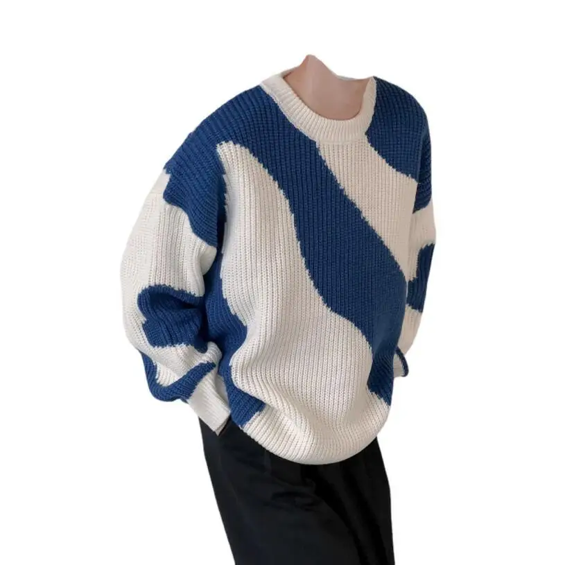 

Autumn Winter O-Neck Sweater Male Cow Patchwork Pullover Loose Casual Harajuku 2022 New Mens Oversized Sweates Warm Tops w336