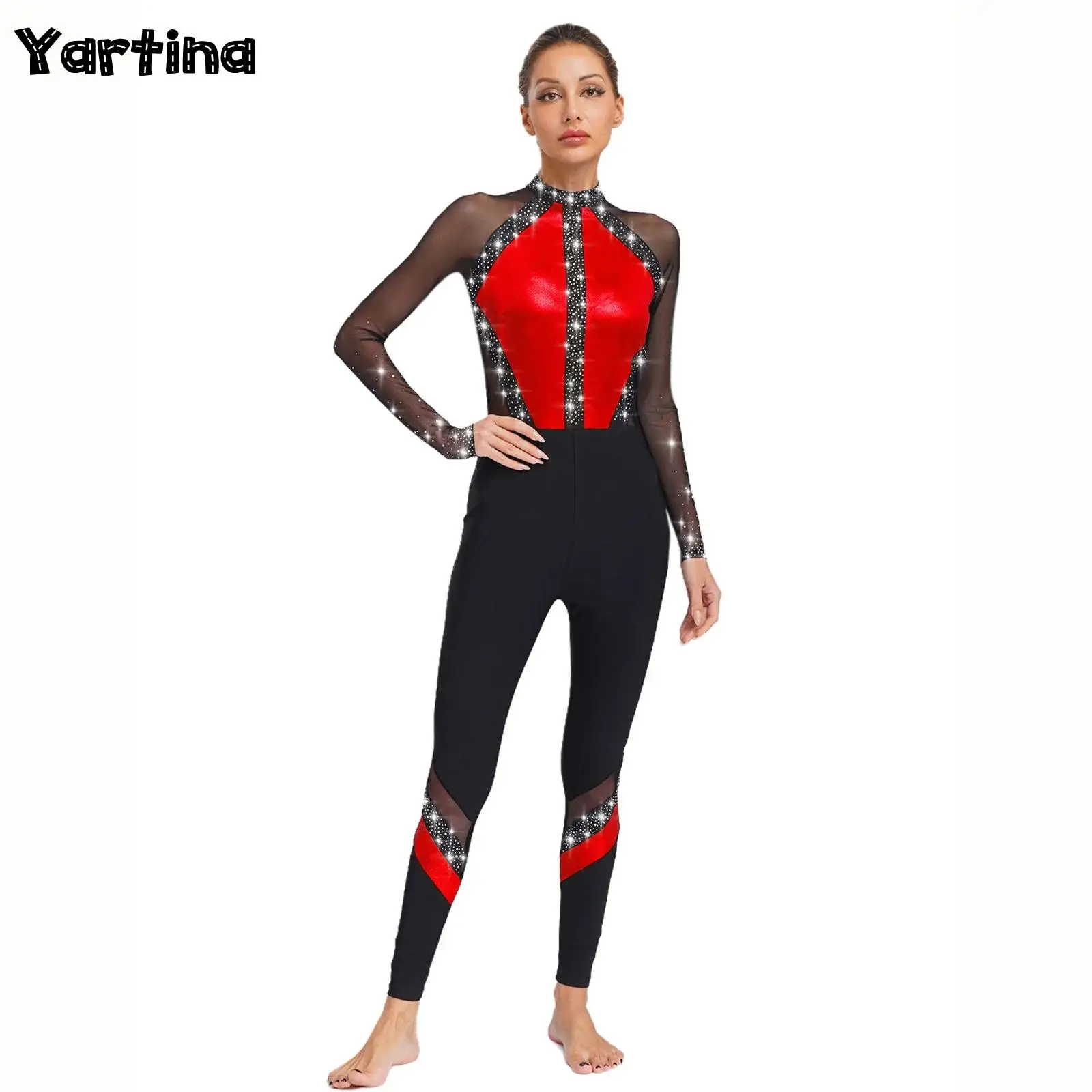 

Womens Rhythmic Gymnastics Figure Skating Ballet Dance Unitards Jumpsuit Sparkling Rhinestones Full Body Leotard Bodysuit