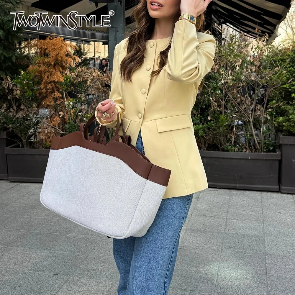 

TWOTWINSTYLE офисная элегантная тонкая куртка для женщин с круглым вырезом и длинными рукавами в стиле пэчворк на пуговицах с разрезом подол, дизайнерское пальто, новая женская одежда