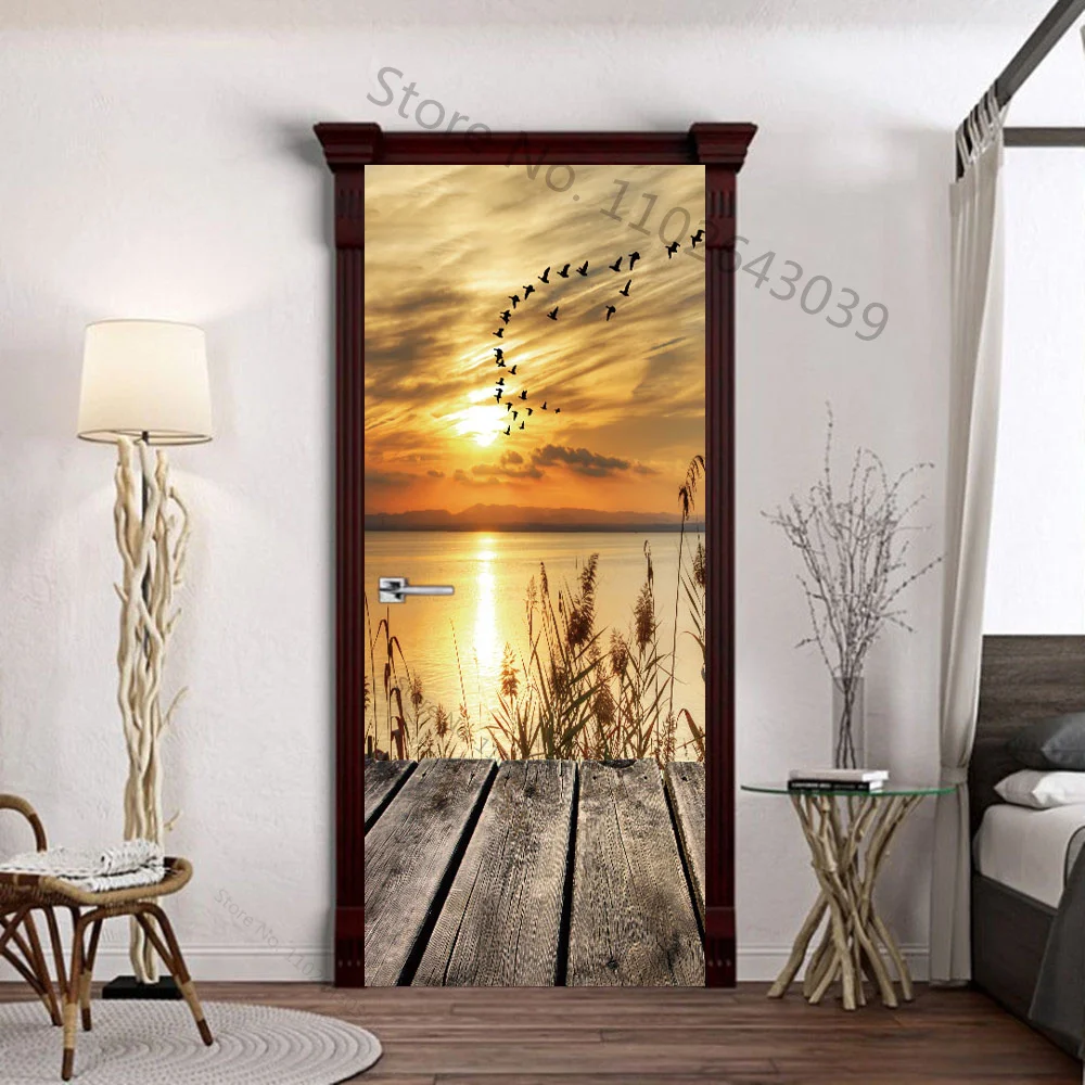 Sunset At Dusk Lake Door Stickers adesivo da spiaggia decorazione murale carta da parati 3D Poster Room Decor estetico bagno deursticker