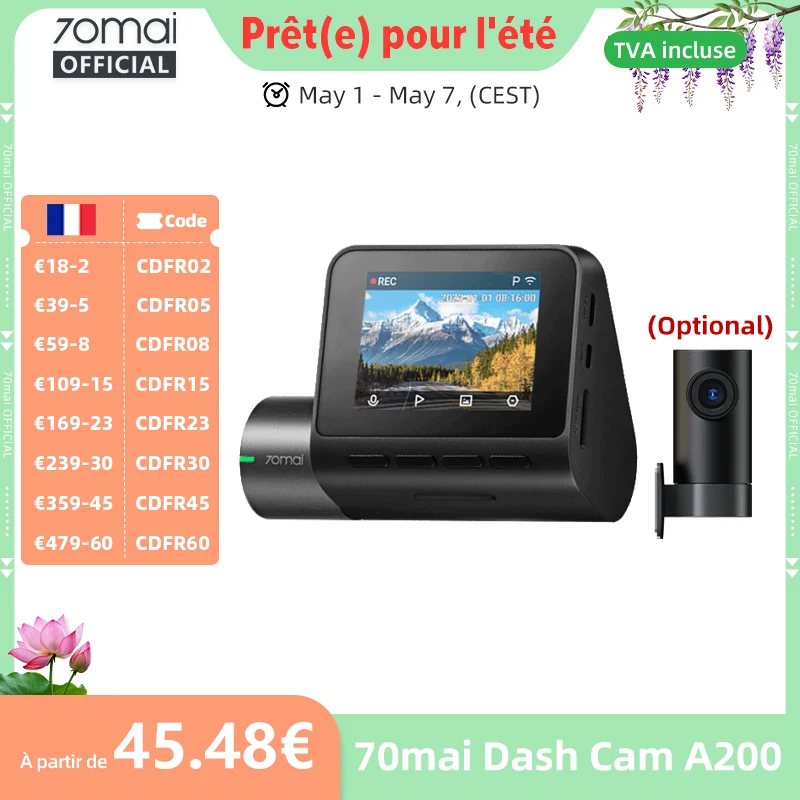 Caméra embarquée 70mai A200 double canal, enregistrement 1080P HDR, écran IPS 2'', surveillance de stationnement 24H, DVR voiture 70mai A200 WIFI APP 130° °   FOV