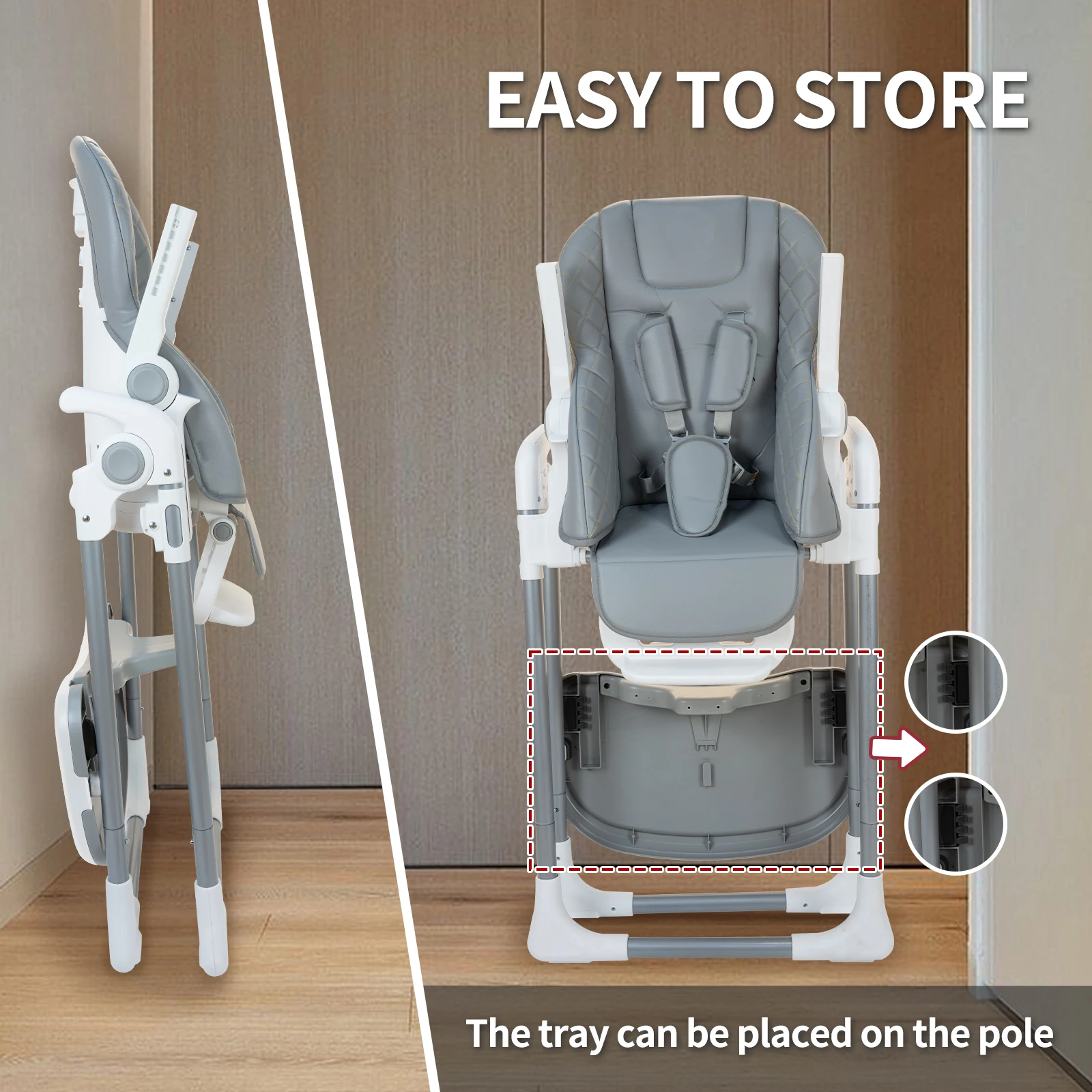 Trona para bebé, tronas para bebés y niños pequeños, trona ajustable, plegable y portátil, cuero PU extraíble