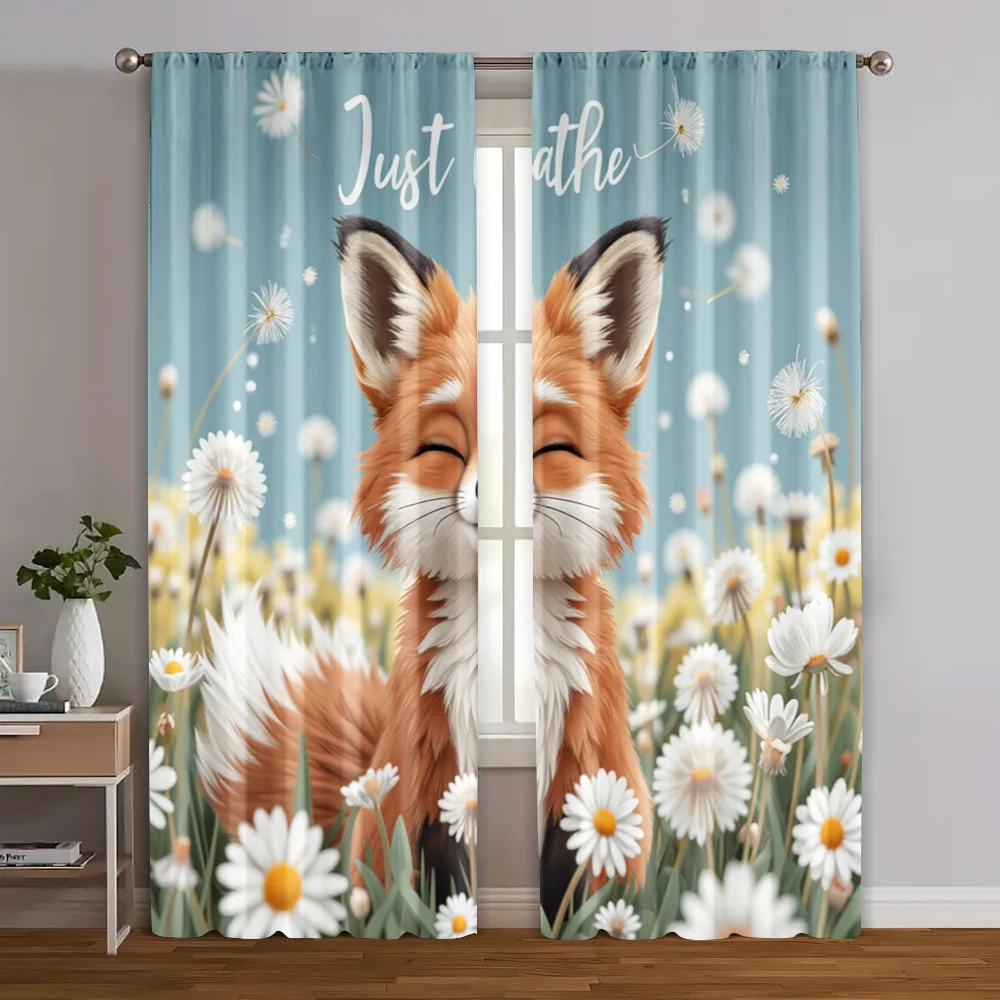 2pcs, Upscale Curtains Fox & Dandelion Machine Washable Fabric (without rod) Gifts Ldeal for Living Room, Bedroom, Kitchen,