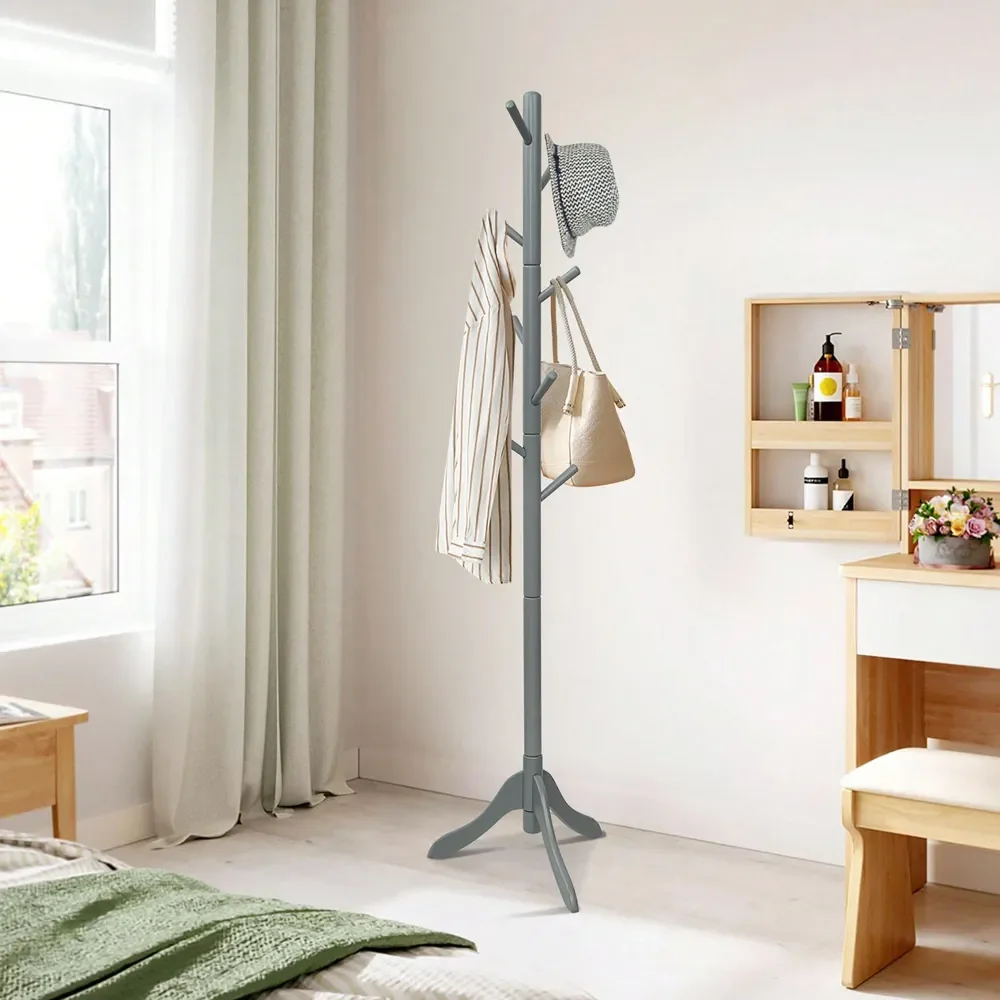 

Wooden Coat Rack Stand Entryway Hall Tree 2 Adjustable Height With 8 Hooks Gray Brown Black,Spring,Minimalist,Summer Tops Coat