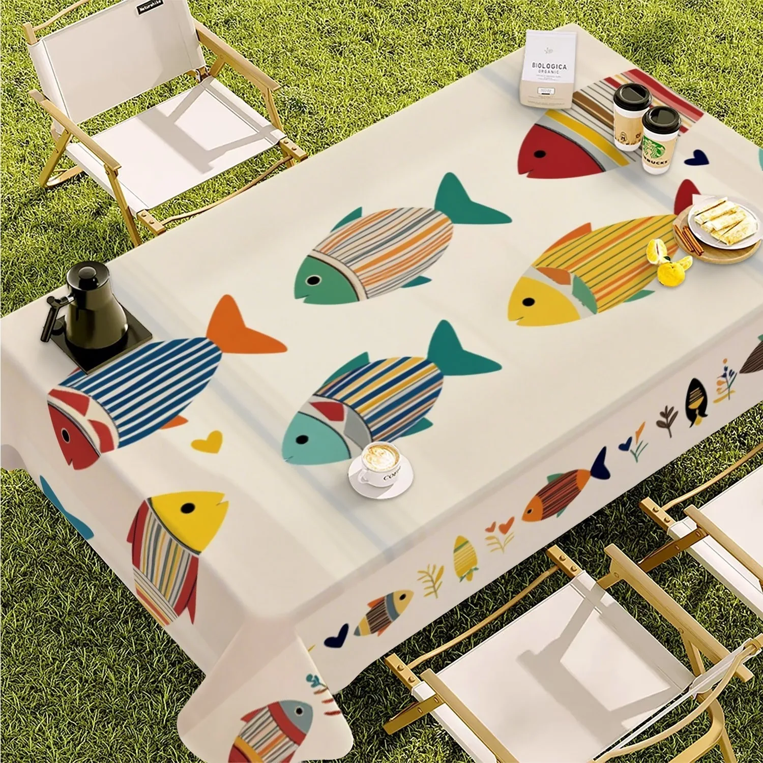 Halloween and Christmas tablecloth, 1 piece. Featuring a colorful striped fish pattern.