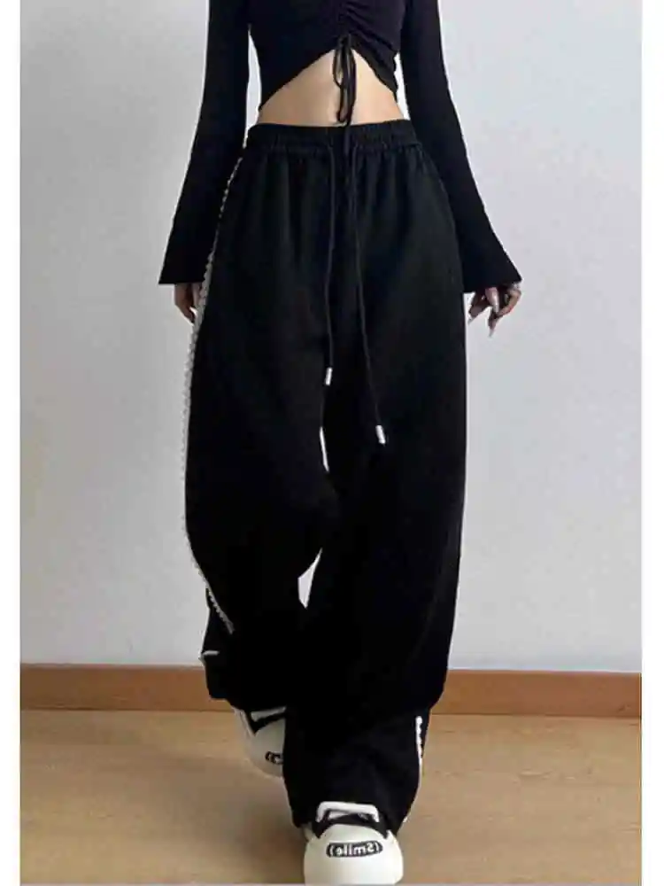 

Женские черные готические брюки, мешковатые Y2k, уличная одежда, брюки большого размера, винтажные брюки Harajuku 90-х годов, эстетические лоскутные кружевные брюки, одежда 2025