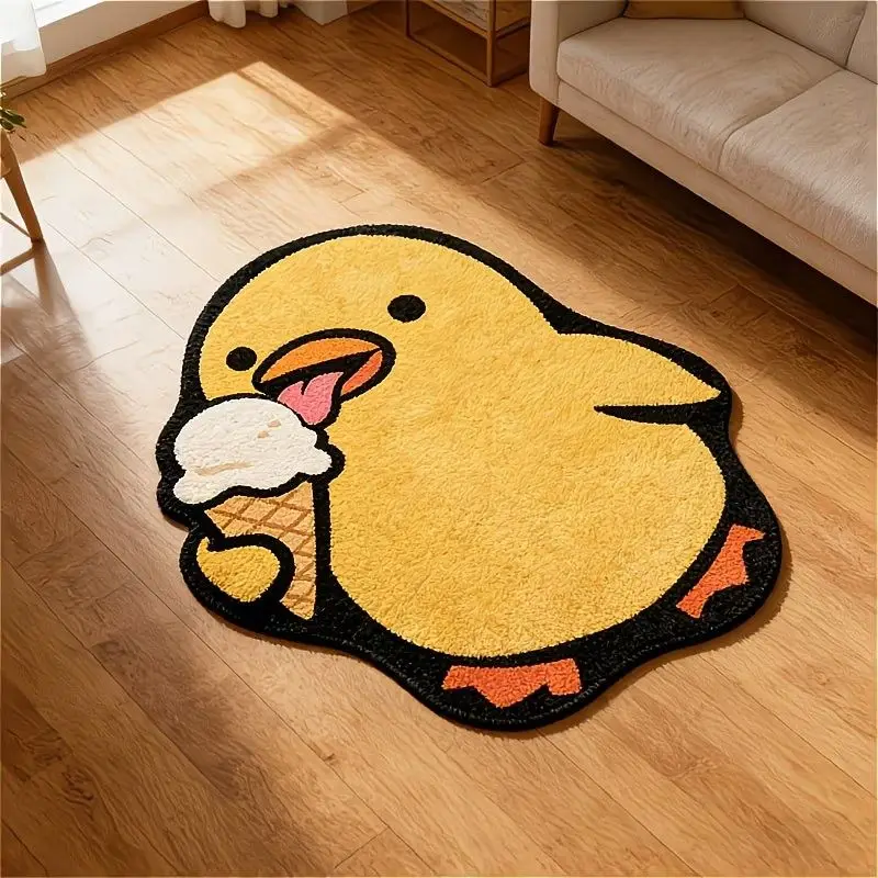 VIKAMA Little Yellow Duck Handheld Ice Cream Bathroom Door Mat, Non-Slip Entryway Rug, Children's Bedroom Mat, Home Decor