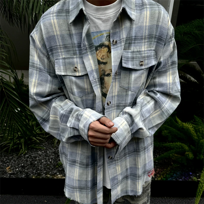 

Retro Distressed Halo Dyeing Flannel Plaid Shirts Men Women Handmade destruction of tassels at the hem Oversize Shirt