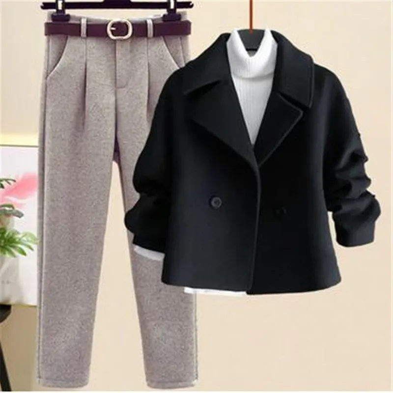 2023 Autumn Winter Wool Suit Jacket Jacket Long Sleeve Knitted Sweater Casual Trousers Three Piece Set Elegant Women\'s Pant Set