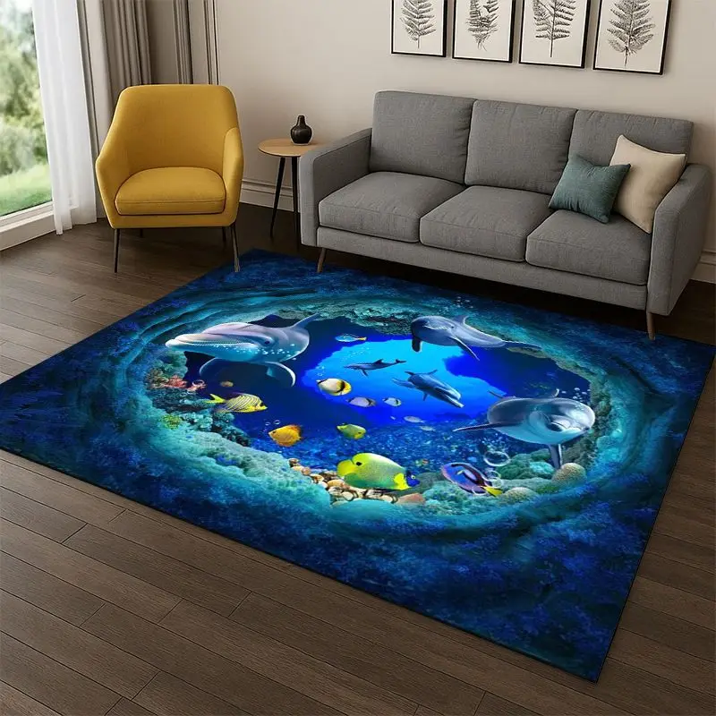 3D Illusion Underwater World Marine Life Shark Dolphin Cartoon Carpet Rug for Bedroom Living Room Sofa Doormat kids Non-slip