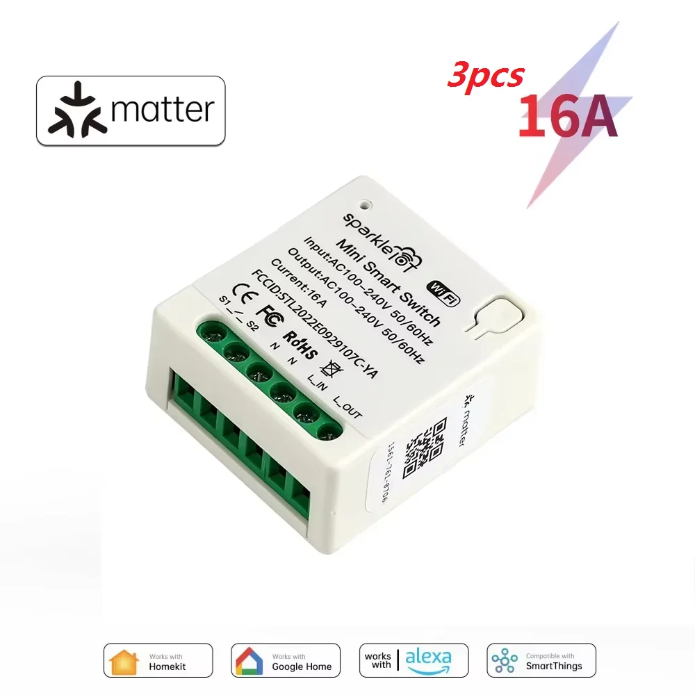 Werk met Matter 16A WiFi mini Smart Switch Pass-through Disconnect Dual Control Outletorks Afstandsbediening Timer HomeKit Alexa