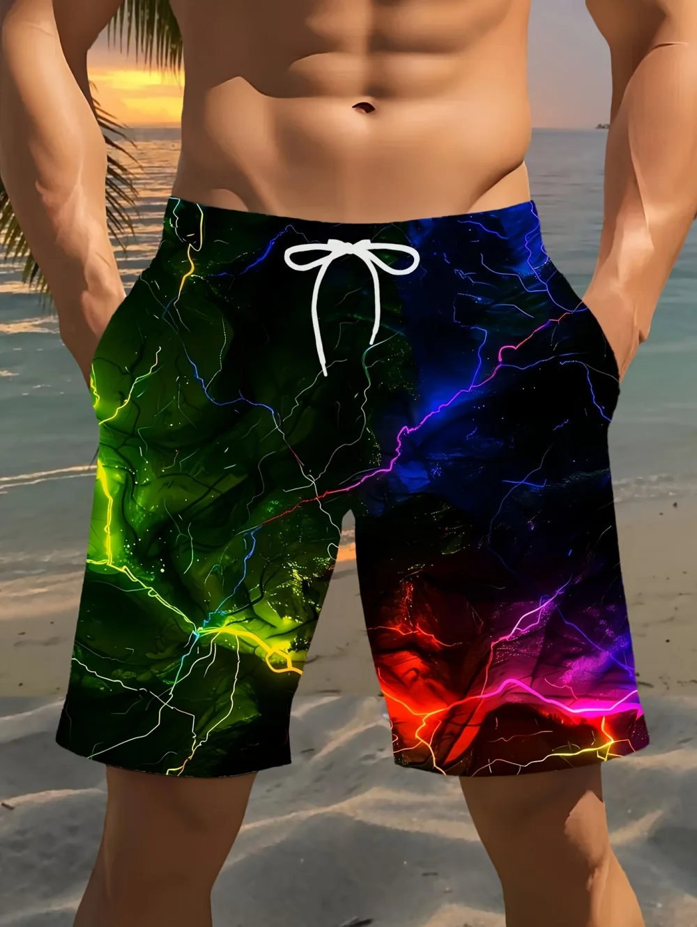 Colorful Lightning 3D Print Men's Beach Shorts Drawstring Waist Casual Loose Summer Swim Trunks Streetwear Short Pant