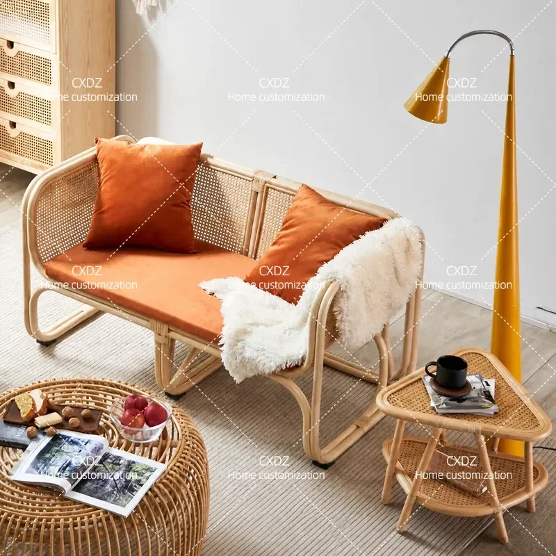 Rattan Chair and Sofa Set with Small Coffee Table for Courtyard Indoor Living Room Furniture Bungalow Style Wicker Seating