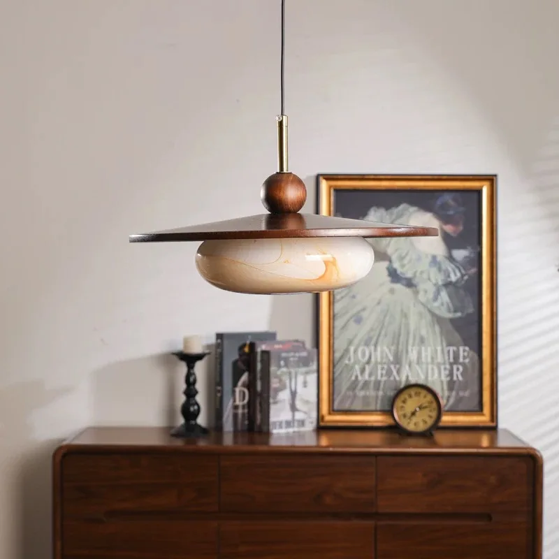 Vintage Style Walnut Color Pendant Light Creative Imitation Marble Texture Glass LED Lamp Restaurant Living Room Study Lighting