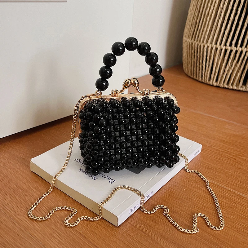 Luxuriöse Designer-Damentasche, handgefertigte Perlen-Tasche, neue Ketten-Schulter-Crossbody-Tasche, Mini-Lippenstift-Etui, Vintage-Perlen-Abendtasche – Detail 23