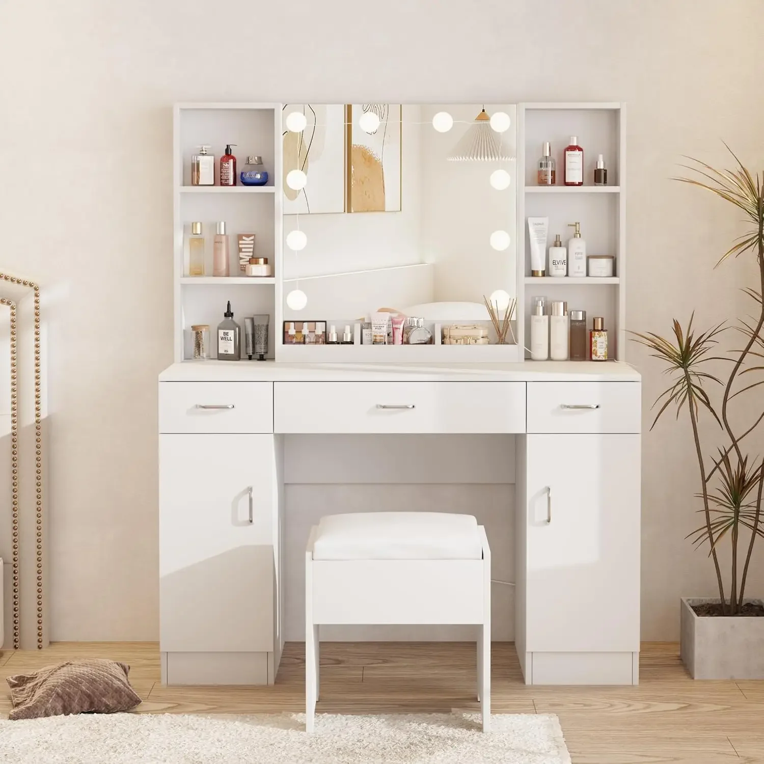 Makeup Vanity Desk with Lights, White Vanity Set Makeup Table with 3 Drawers, 2 Cabinets and Multiple Shelves, Large Vanity