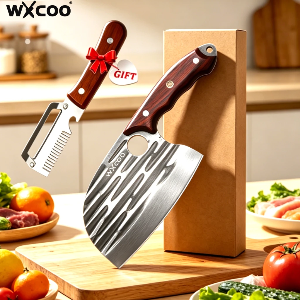 WXCOO Hand Forged Kitchen Butcher Knife Comfort Wooden Handle Stainless Steel Kitchen Knife with Fruit Vegetable Peeler Gift
