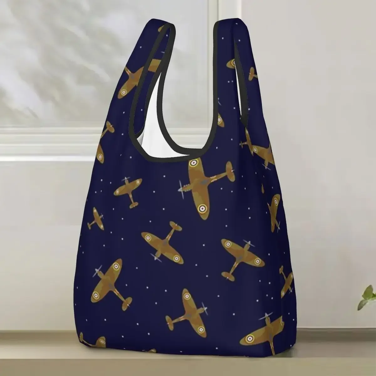 Spitfire War Planes In Flight On Navy Blue Shopping Bag Portable Tote Bags Reusable Shoulder Shopper Bag Grocery Handbag