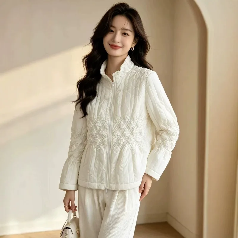 Pleated Embossed Stand Collar Zipper Cotton Jacket 2026 Winter New Long Sleeve Loose Thickened Coat Commuter Elegant Women's Top