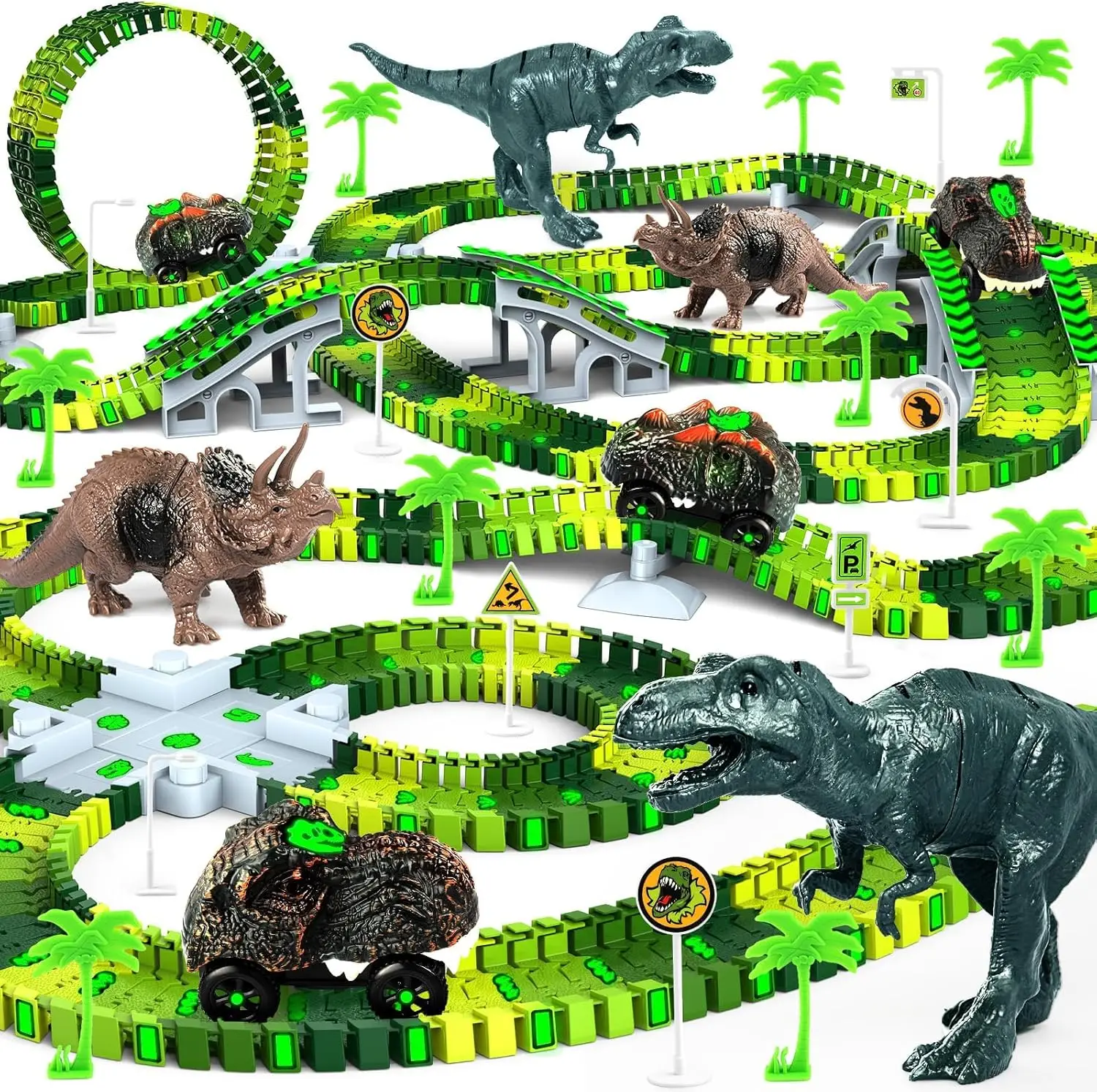 

Glow in Dark Dinosaur Train Track Set with 2 Cars, Flexible Tracks for Kids Ages 3-7 Educational Gift