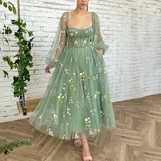 Flower Women Prom Party Dress Long Sleeve Evening Dresses Gown Green Sweet Square Collar Lace Robe De Soiree