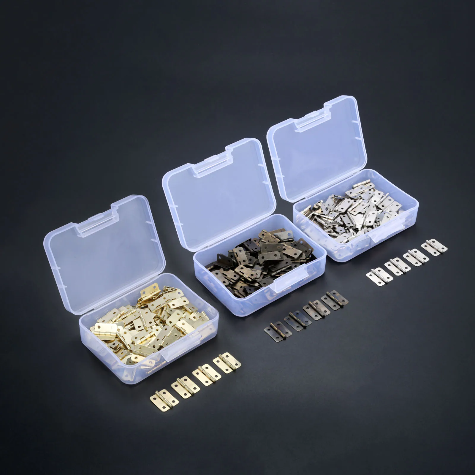 100Pcs 18*16mm Mini Hinges Retro Hinges Decor for Wooden Jewelry Box Cabinet DIY Accessorie with Storage Box & 400Pcs Screws