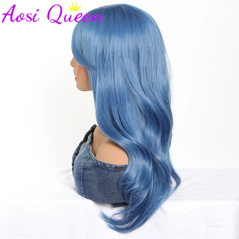 AosiQueen Misty Blue Long Wavy Synthetic Wigs Middle Part Natural Wave Wig Heat Resistant Cosplay Party Daily Hair Wig for Women