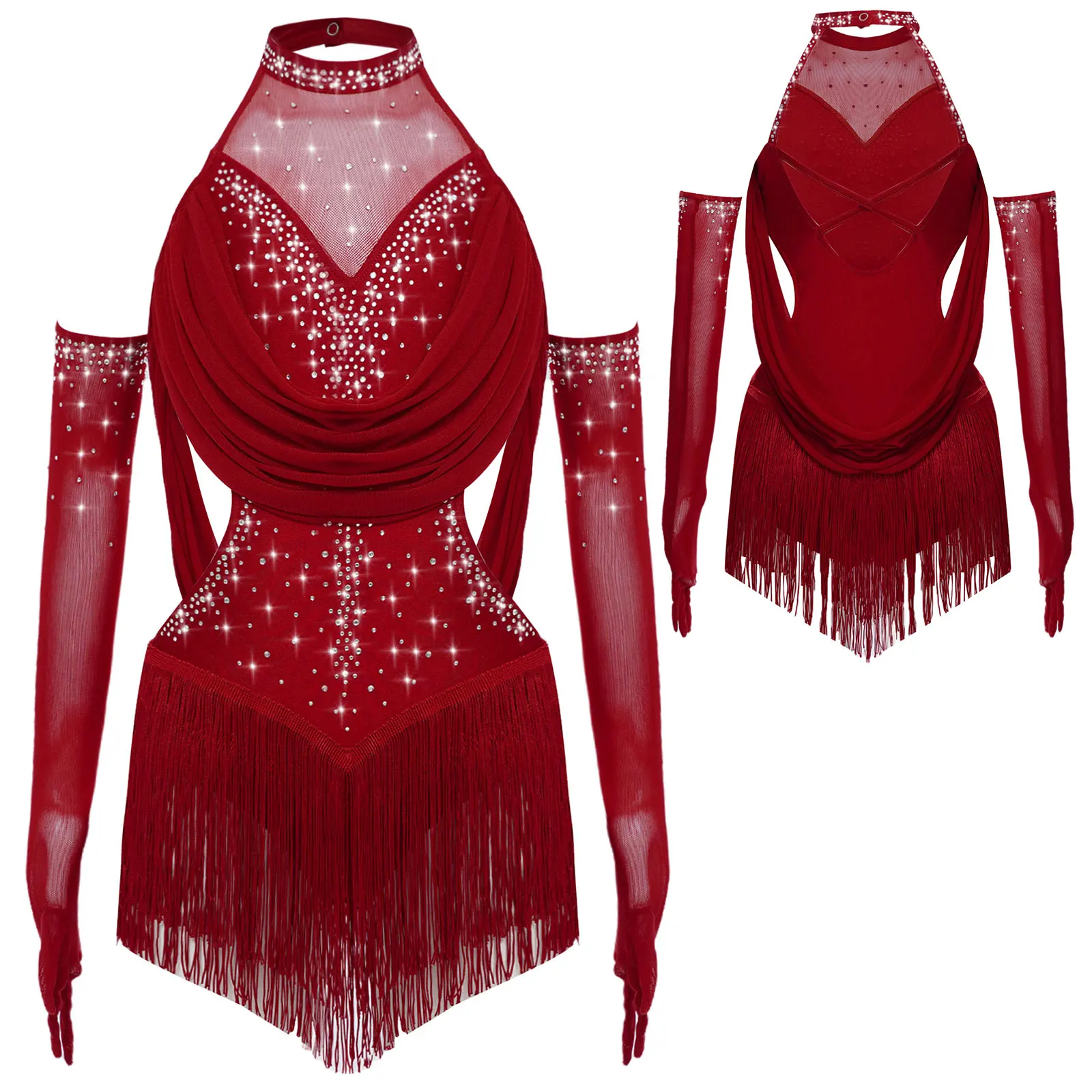 Girls Latin Jazz Rumba Samba Dance Costume Salsa Set Ruched Mesh Drapes Cutout Leotard with Tassel Skirts and 1 Pair Mesh Gloves image 3