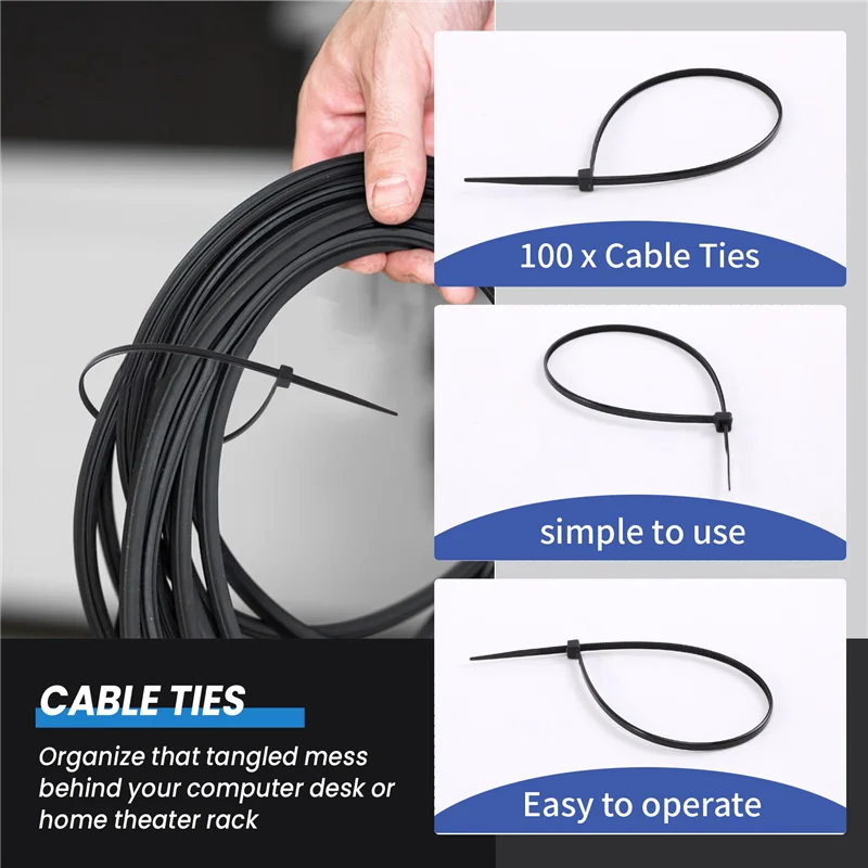 A69E100 X Thin Black Cable Tidy Ties Zip Ties Cord Strap Wrap 200Mm X 3Mm