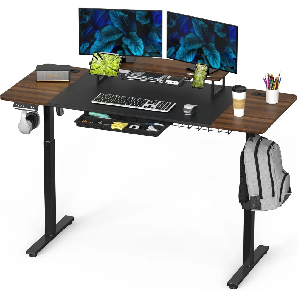 SHW 62-Inch Extra Large Electric Height Adjustable Standing Desk with Monitor Riser and Drawer, Walnut