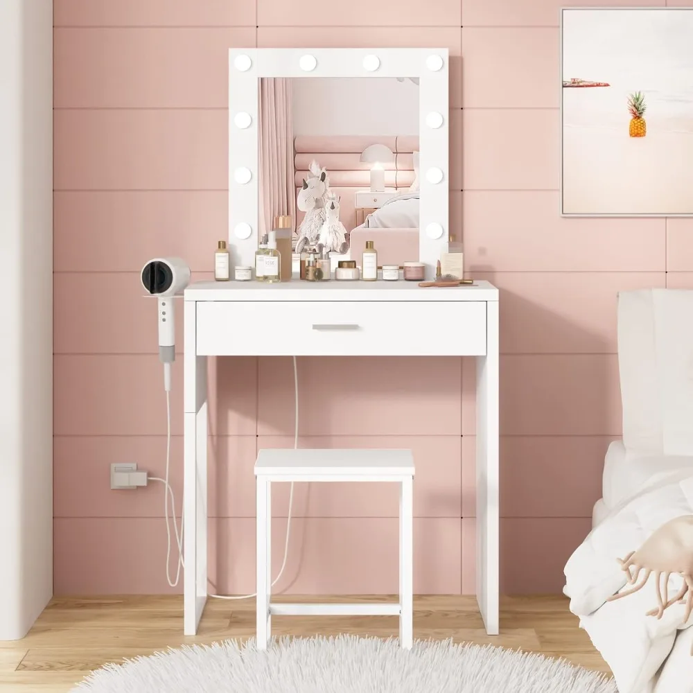 Makeup dresser with mirror and lamp, white dresser table and chair set, brightness adjustable, little vanity girl's bedroom