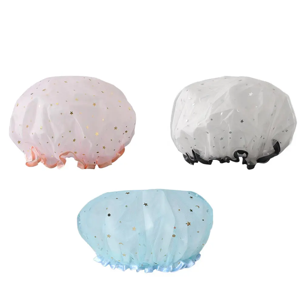 

3pcs Waterproof Bath Caps for Lady Thicken Hair Oil Treatment Hats Shower Bathing Use Double Layer Elastic Cute Design Girls
