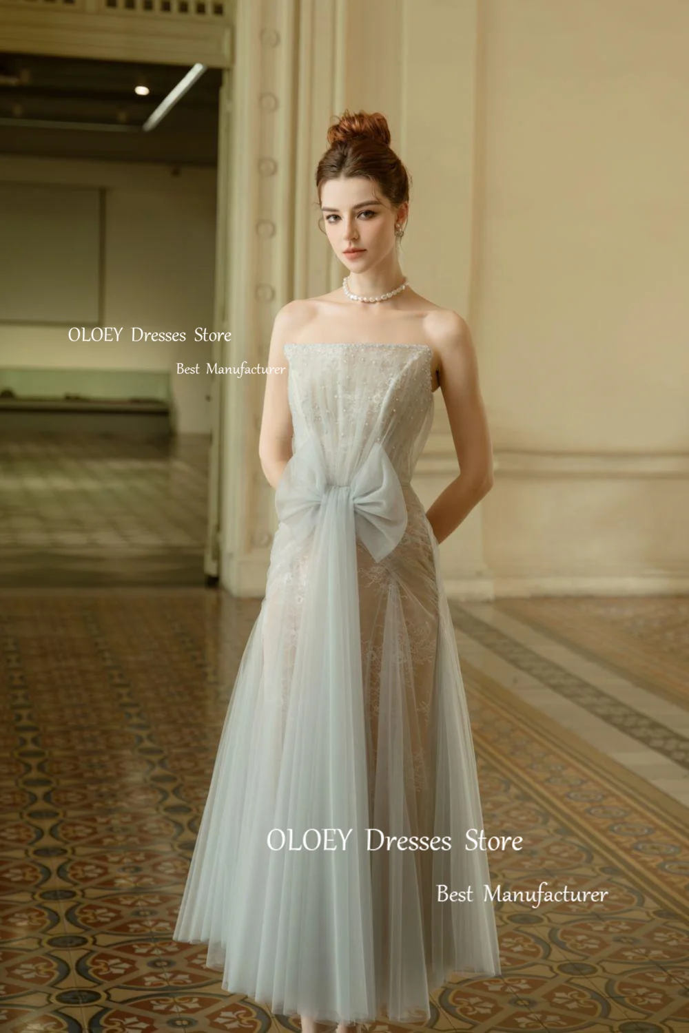 OLOEY Exquisite Beading Evening Dress Strapless Bow Embroidery Tulle Prom Dress Party Dress Formal Occasion Cocktail Gowns