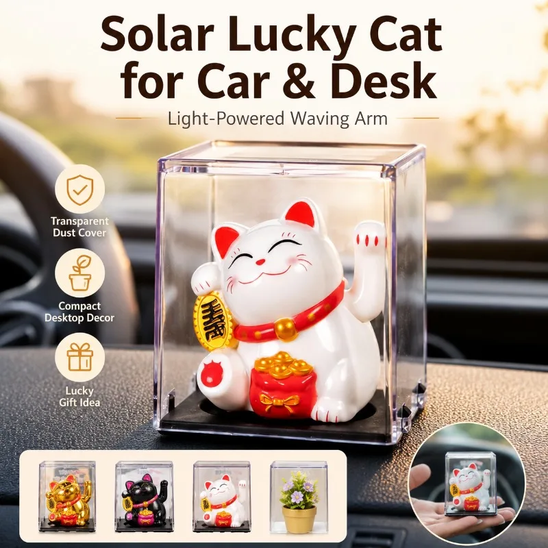Solar Powered Maneki Neko Waving Cat Ornament, Lucky Cat with Clear Case for Car Dashboard Office Desk Home Decor Gift Display