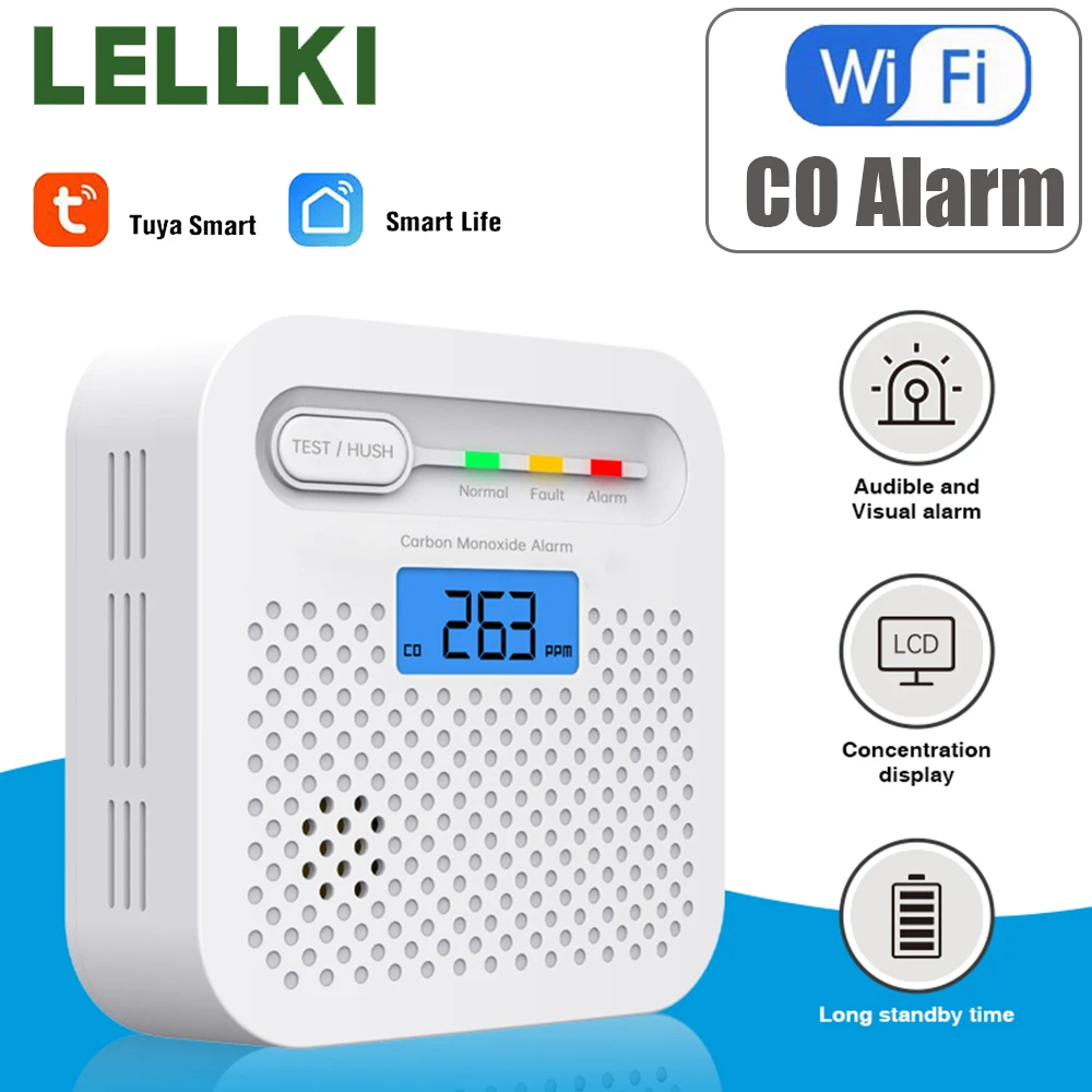 LELLKI WiFi Smart Carbon Monoxide Detector CO Alarm 85dB Suara dengan Layar Digital LCD Tuya Smart Life App Remote Control Voice