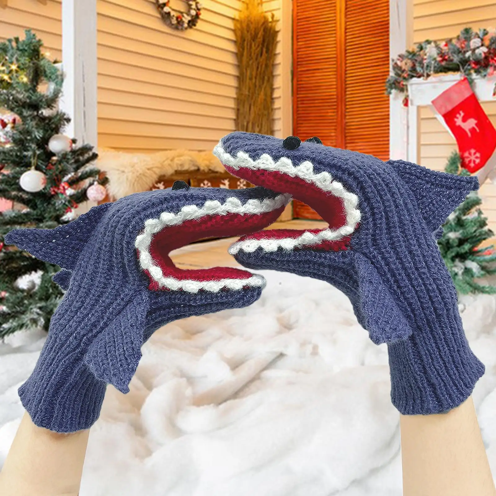 Winter Gloves Adults Boys Girls Elastic Cuff Shark Gloves Mittens Knitted Glove for Christmas Hiking Cold Weather Outdoor Skiing