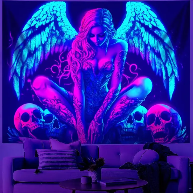 VIKAMA Dark Gothic Angel Wall Tapestry Neon Purple Tattoo Woman Skull Pattern Lightweight Fabric Banner Dorm Bar Decor