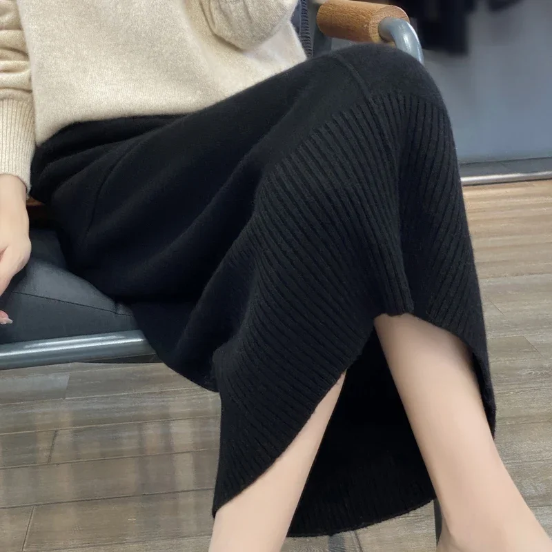 Women\'s Knitted Cashmere Skirt Double Pocket 100% Pure Wool Commuter Joker Straight Skirt for Autumn Winter New
