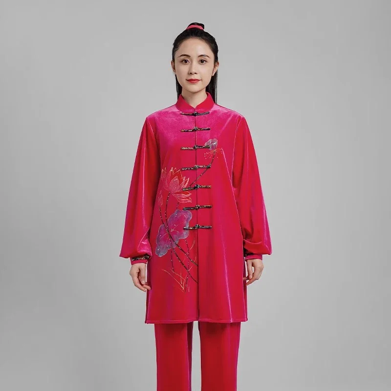 Kun Master Thicken Velvet Taichi Uniform Elegant Winter Martial Arts Suit Embroidery Kung Fu Clothes Taiji for Women