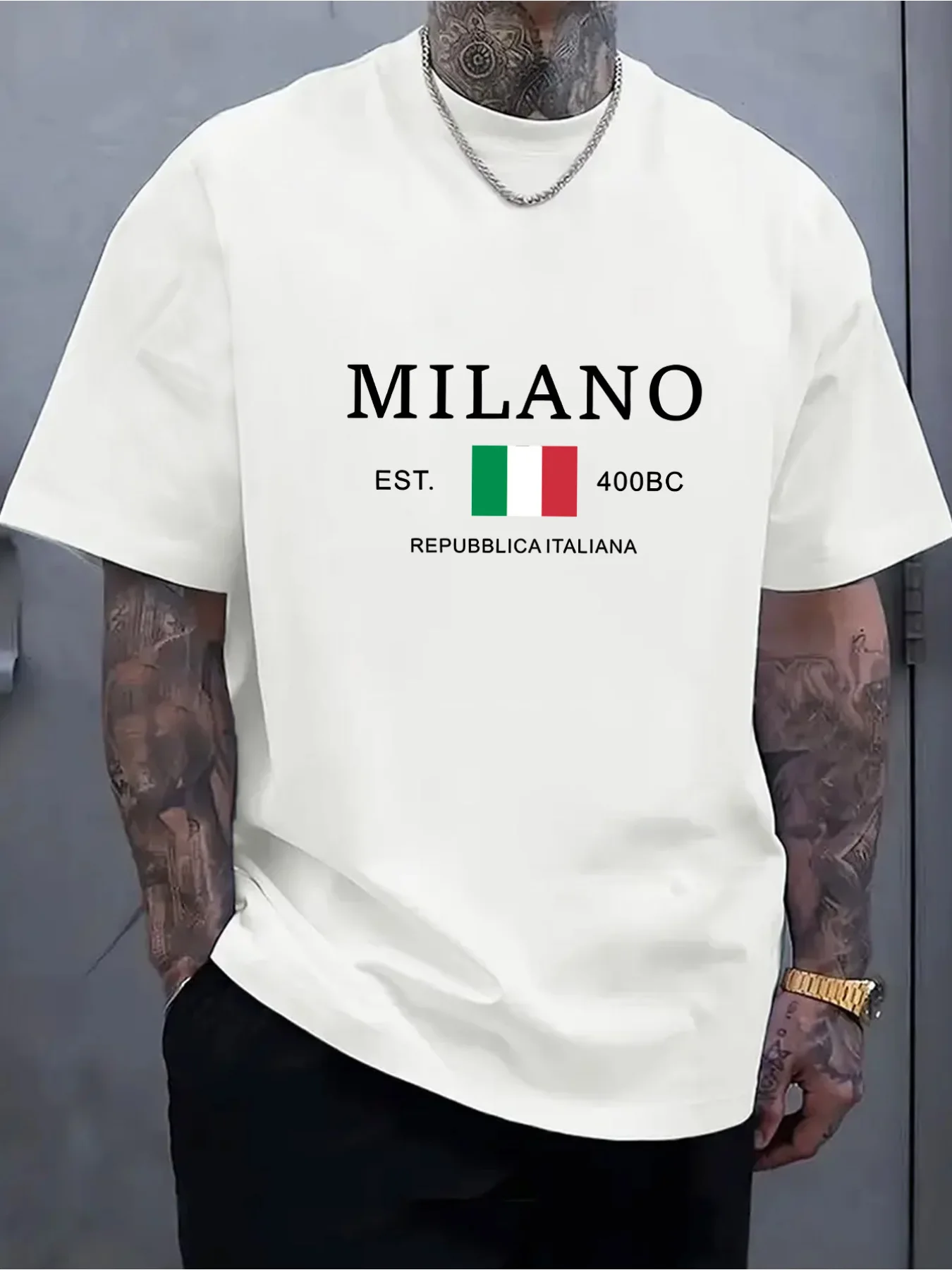 Plus Size-Summer New Men's Casual Top Ribbed Round Neck Short Sleeve T-Shirt, Ted Fabric, Milan Logo Italian Flag Print, Suitabl