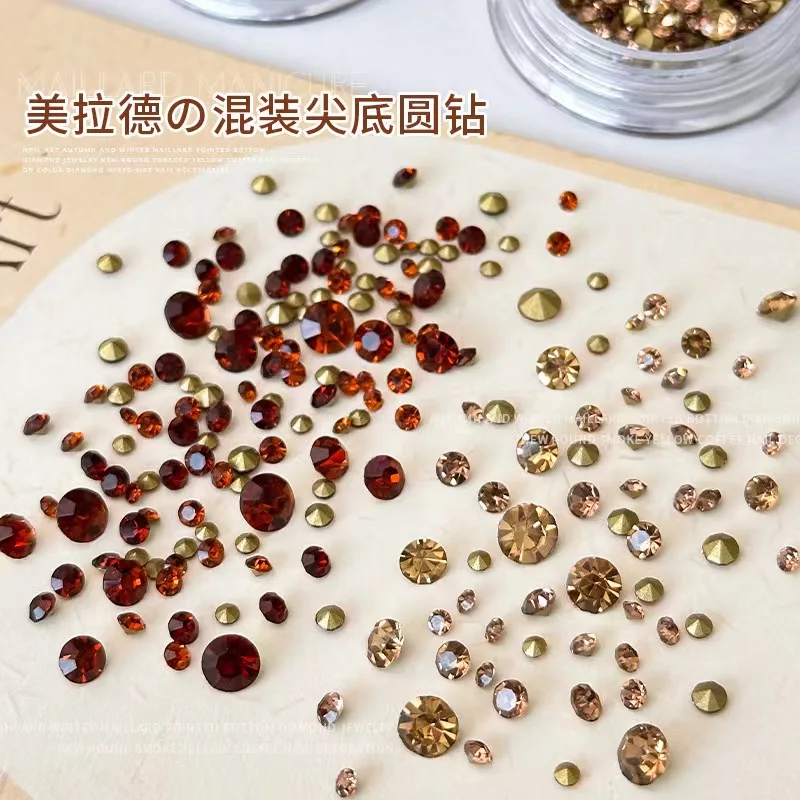 1Box Winter Maillard Mix Size Pile Drill Tip Bottom Small Round Bottom Rhinestone 3D Nail Charm DIY Decoration Accessories